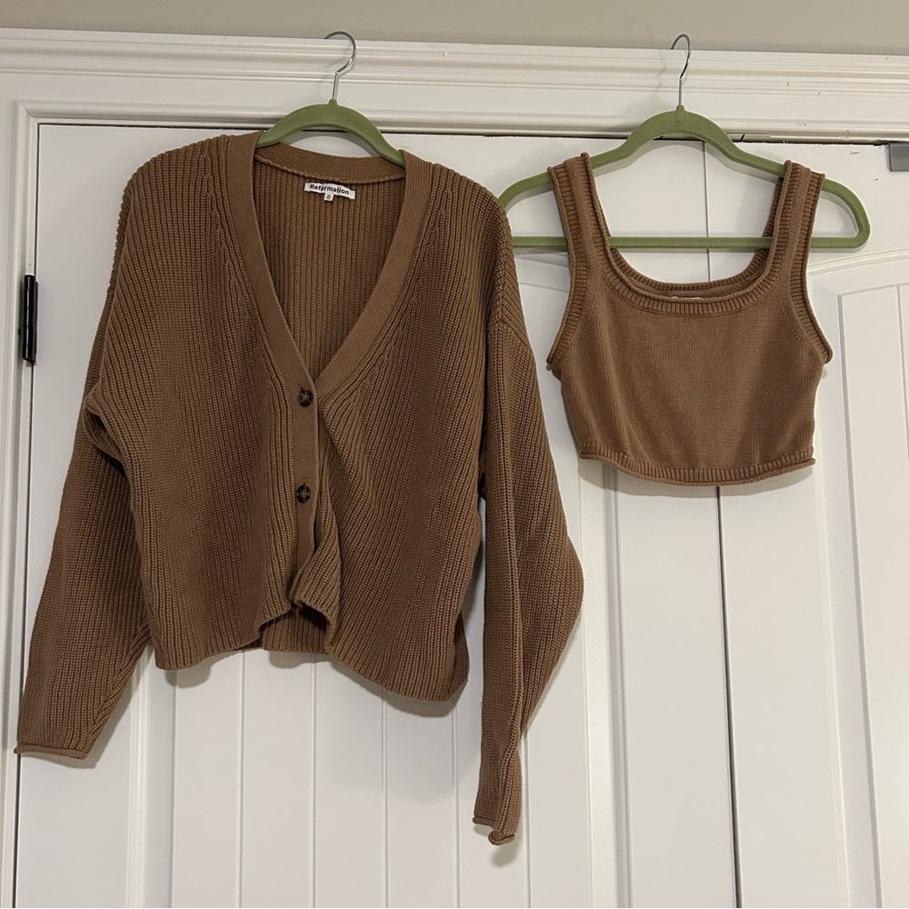 Reformation Set The Elke Organic Cotton Cardigan Tan Medium - Picture 5 of 9
